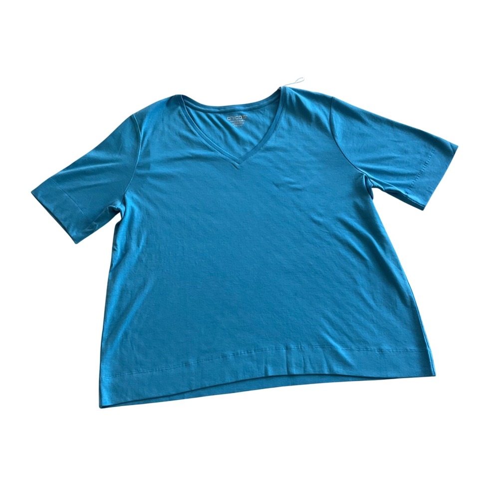 Chico's V-Neck‎ Tee Women Size 4 XXL Blue 100% Pima Cotton Short Sleeve Top NWT